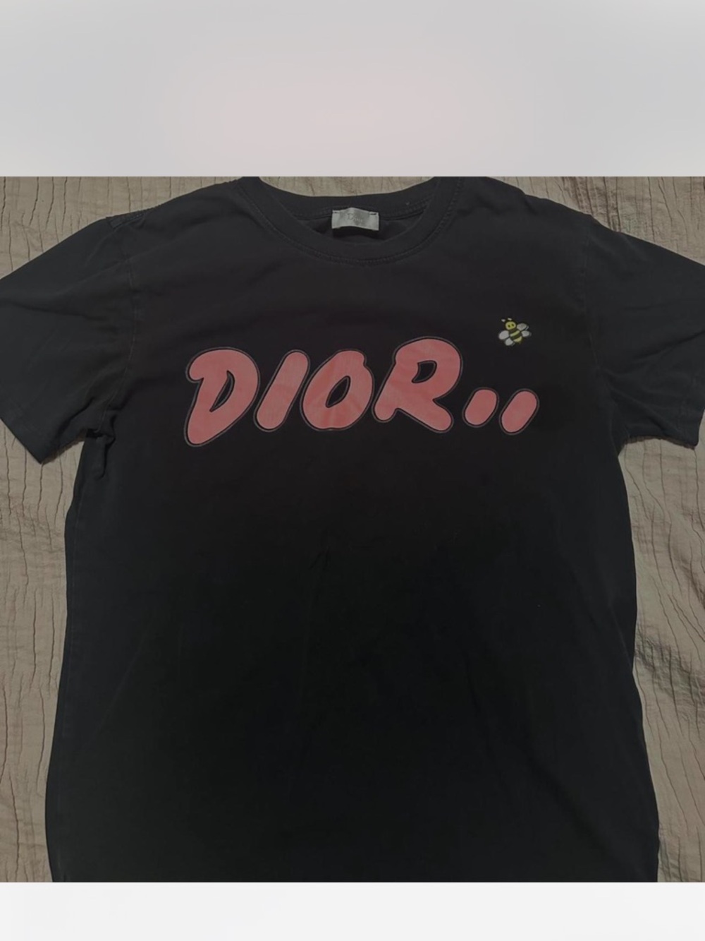 Dior Black Tee with Pink Bubble Logo and Bee Accent